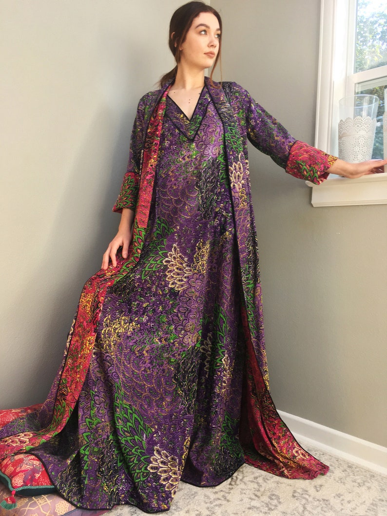 Tall plus size petite womens floor length purple pink Bohemian kimono. Royal Chambers Reversible lined cotton art deco robe with pockets