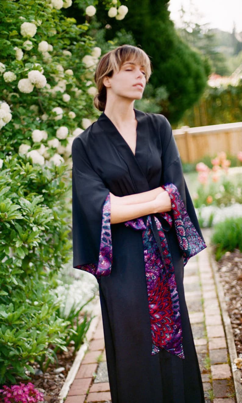 One custom black long Haiku robe in faux silk crepe with pockets Vintage Bohemian Boudoir Pinup Kimono Femme Fatale Tall Women Gift for her