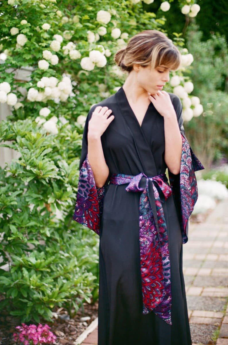 One custom black long Haiku robe in faux silk crepe with pockets Vintage Bohemian Boudoir Pinup Kimono Femme Fatale Tall Women Gift for her