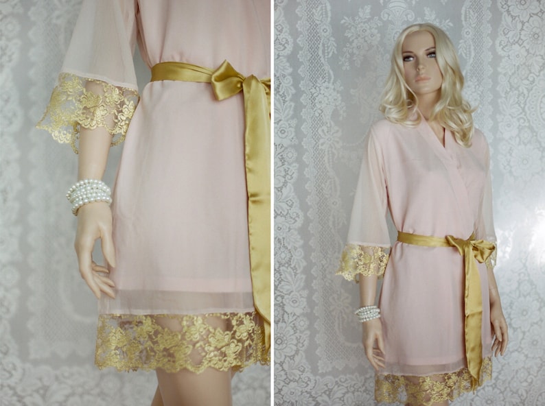 Bridal lace robe Blush pink robe Blush pink and Gold One custom elegant lace trimmed chiffon robe Long chiffon robe.