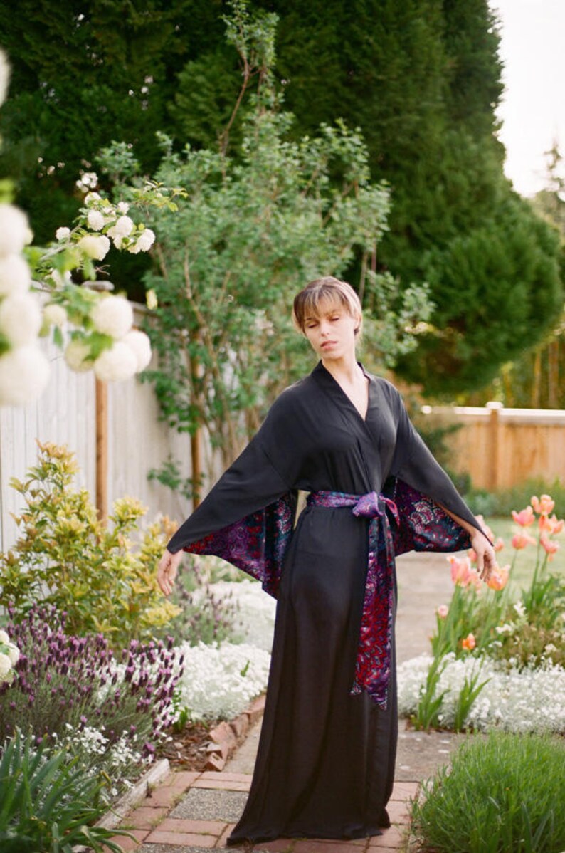 One custom black long Haiku robe in faux silk crepe with pockets Vintage Bohemian Boudoir Pinup Kimono Femme Fatale Tall Women Gift for her