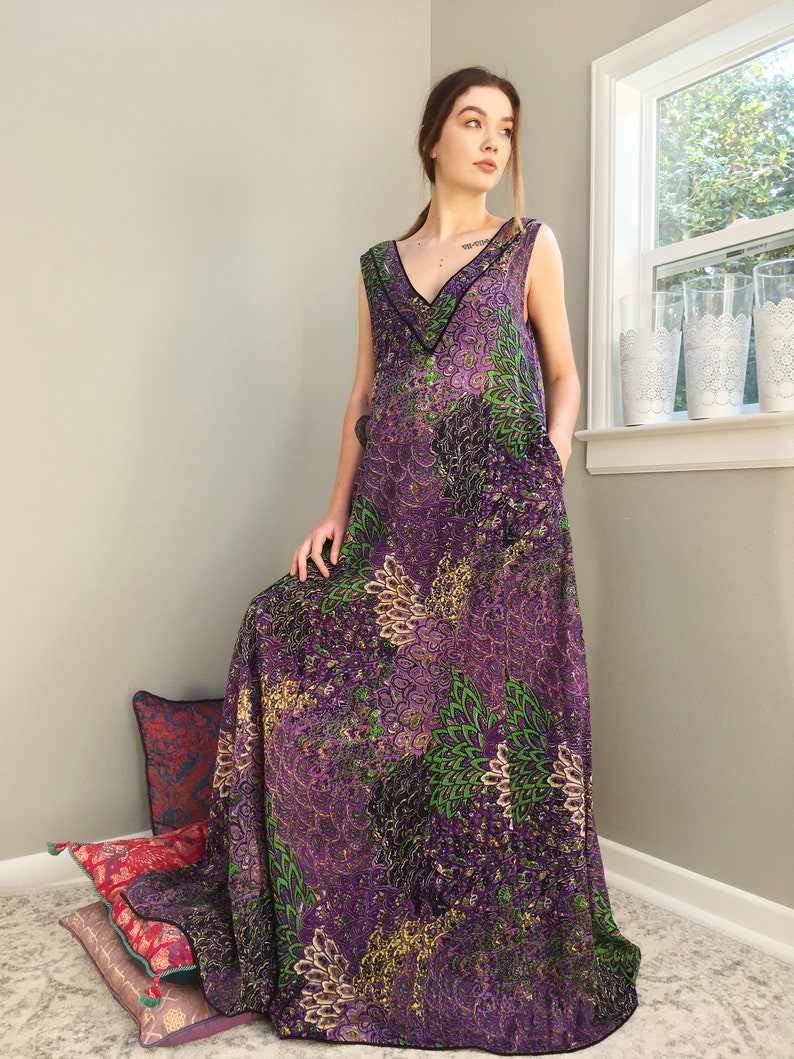 Tall plus size petite womens floor length purple pink Bohemian kimono. Royal Chambers Reversible lined cotton art deco robe with pockets