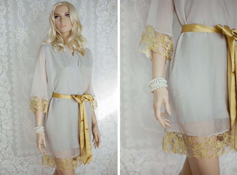 Bridal lace robe Blush pink robe Blush pink and Gold One custom elegant lace trimmed chiffon robe Long chiffon robe.