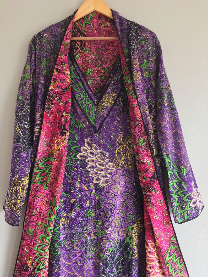 Tall plus size petite womens floor length purple pink Bohemian kimono. Royal Chambers Reversible lined cotton art deco robe with pockets