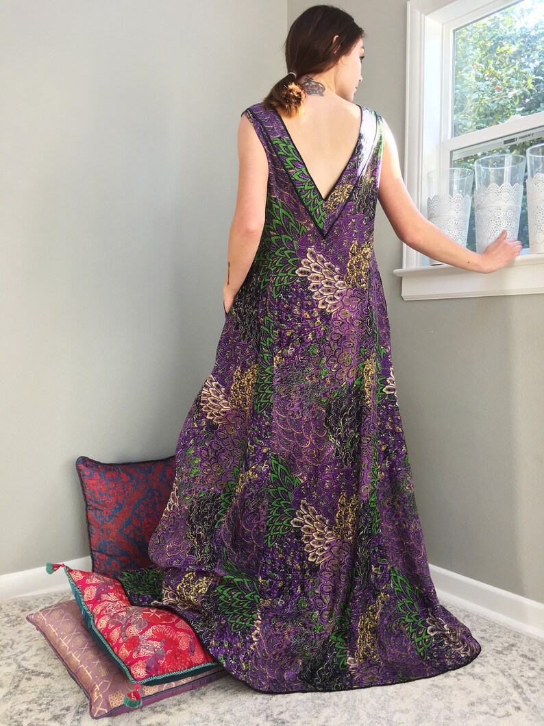 Tall plus size petite womens floor length purple pink Bohemian kimono. Royal Chambers Reversible lined cotton art deco robe with pockets