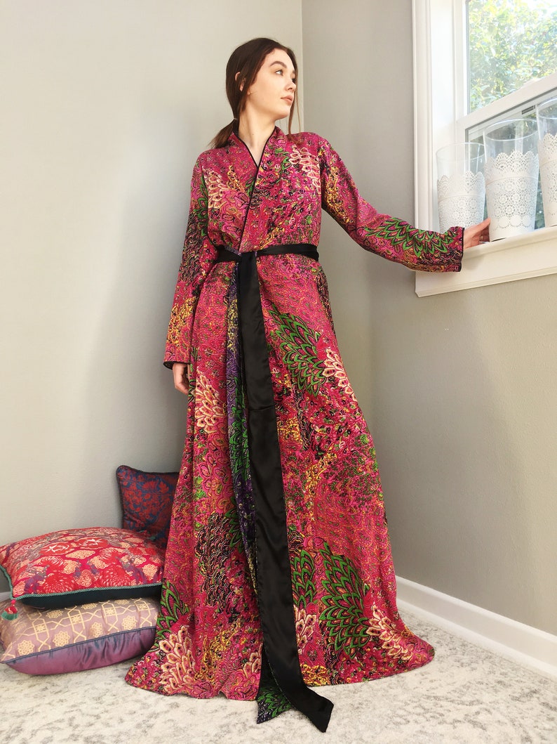 Tall plus size petite womens floor length purple pink Bohemian kimono. Royal Chambers Reversible lined cotton art deco robe with pockets