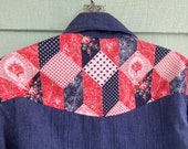Handmade Patchwork Red Blue Calico Bandana Bib Yoke Open Front Denim Blouse Overshirt Vintage