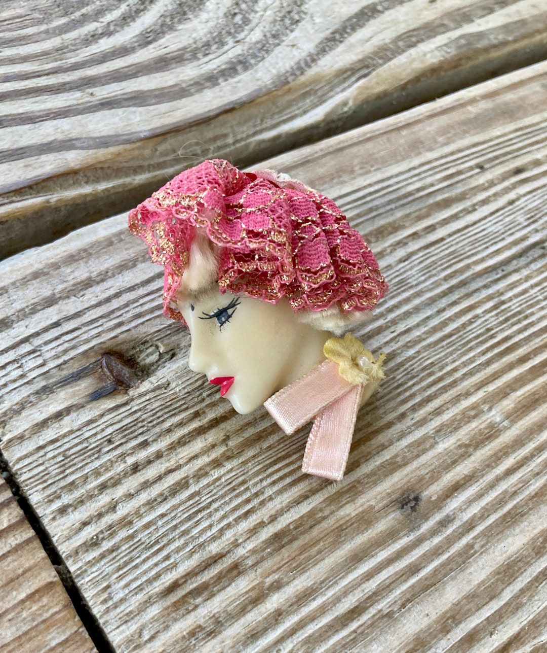 Vintage Chic Lady Head Brooch Pin Costume Jewelry Pink Hat Etsy