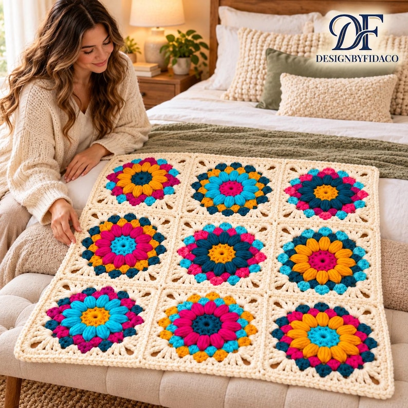 Floral Granny Square Crochet Pattern, Sunburst Puff Flower, 9 Colorways ...
