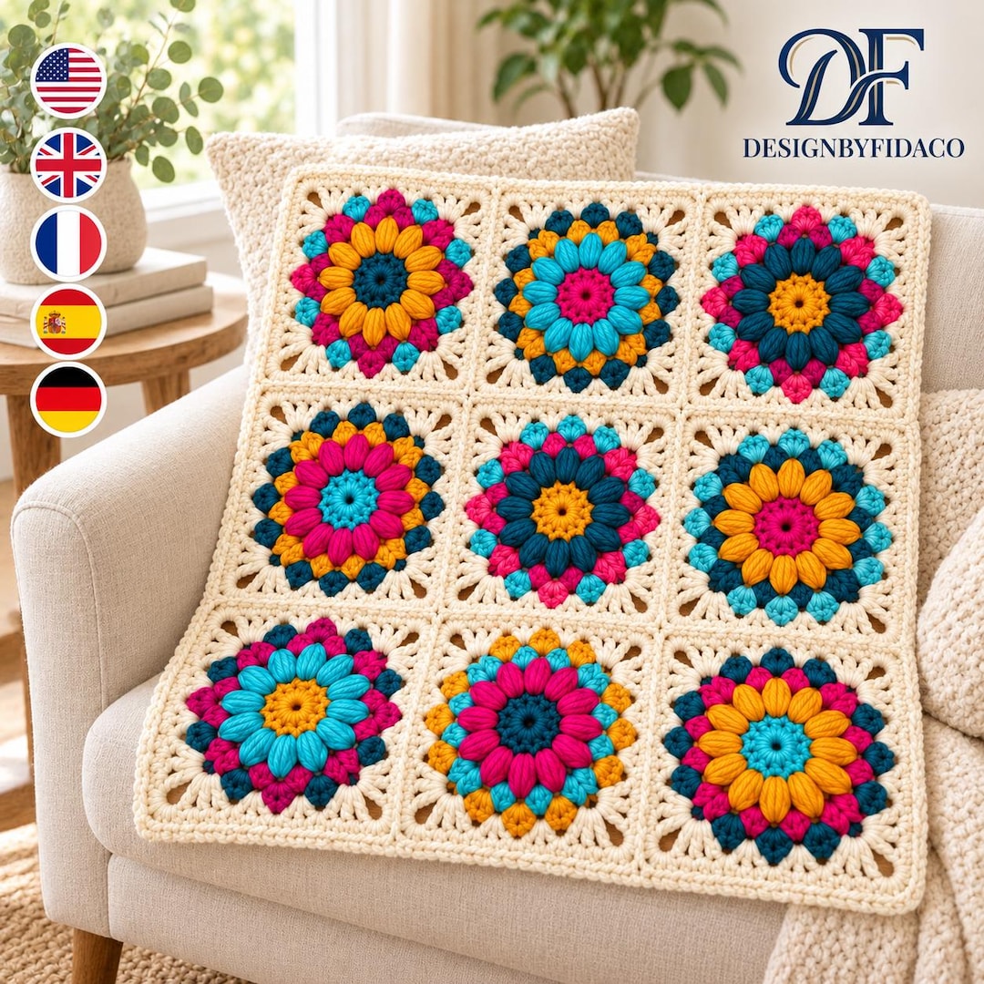 Floral Granny Square Crochet Pattern, Sunburst Puff Flower, 9 Colorways ...