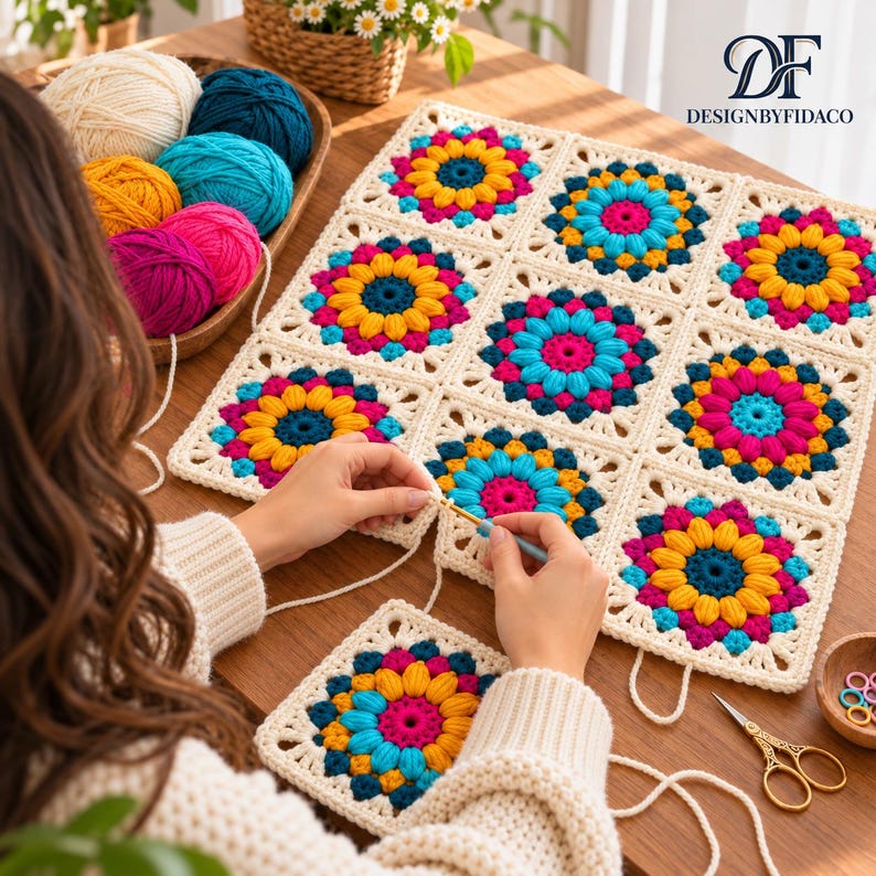 Floral Granny Square Crochet Pattern, Sunburst Puff Flower, 9 Colorways ...