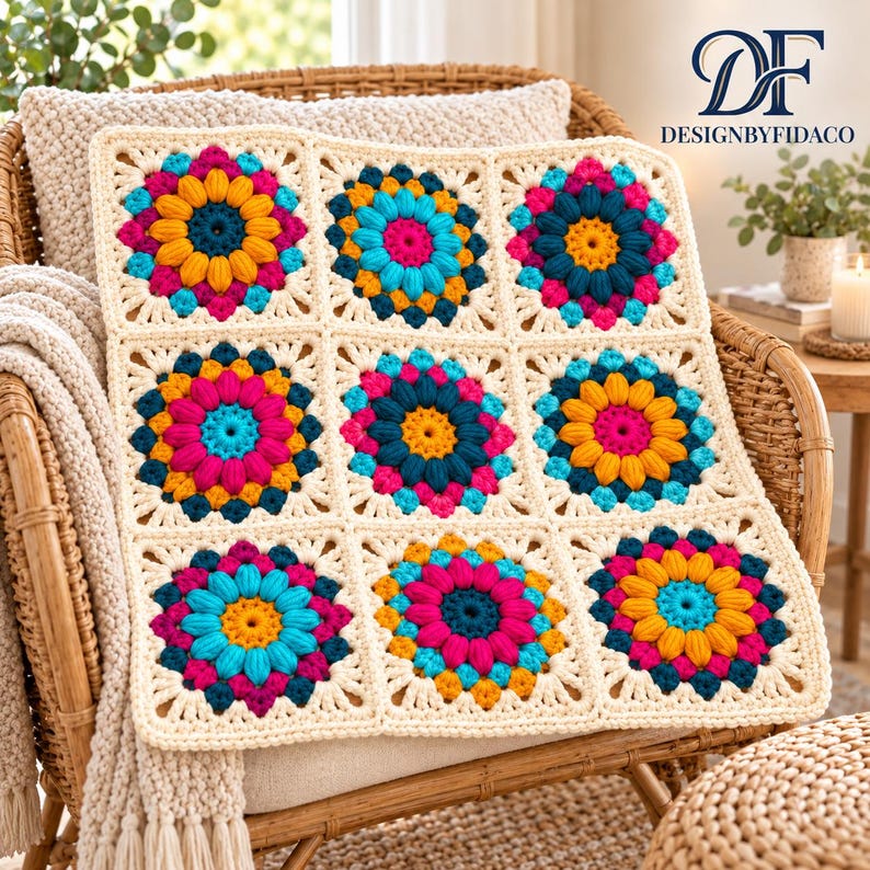 Floral Granny Square Crochet Pattern, Sunburst Puff Flower, 9 Colorways ...