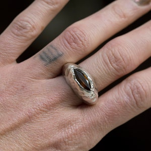 Puede incluir: Un anillo de plata con una piedra preciosa marr&oacute;n engastada en una banda texturizada.