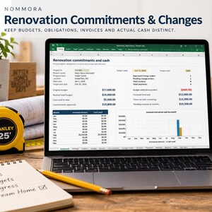 Renovation Budget Tracker, Change Orders, Contractor Commitments (Excel)