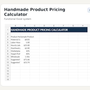 Op de afbeelding: Een digitale spreadsheet-interface getiteld Handmade Product Pricing Calculator, met een functionele Excel-systeemindeling. Het raster toont rijen voor materiaalkosten, arbeidsuren, uurtarieven, overheadkosten, marktplaatskosten en winstmarges.