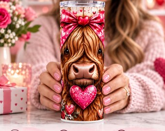 Valentine Highland Cow 1 Tumbler Wrap PNG, 20 oz Straight Sublimation Design, Digital Download
