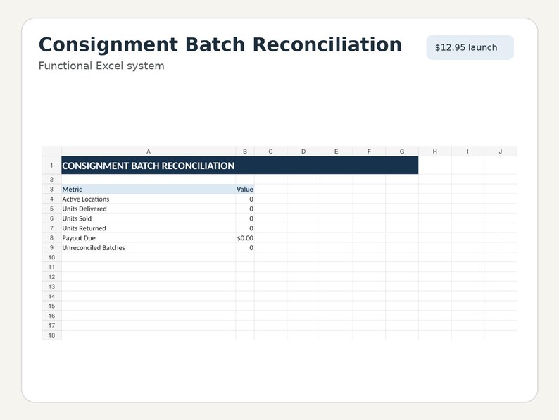 Consignment Inventory Spreadsheet | Batch Reconciliation, Sales, Returns, Commission & Payout Tracker Excel image 1