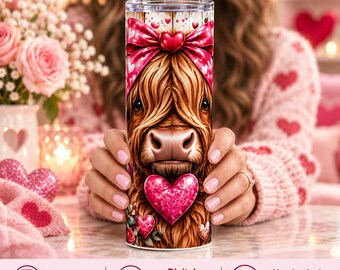 Valentine Highland Cow 1 Tumbler Wrap PNG, 30 oz Straight Sublimation Design, Digital Download