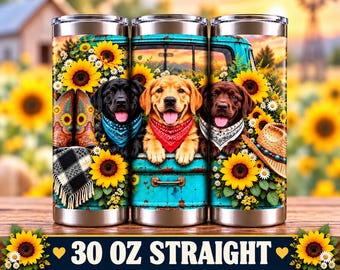 Three Labradors Western and Sunflowers Tumbler Wrap PNG, 30 oz Straight Sublimation Design