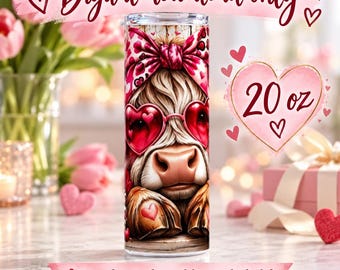 Valentine Highland Cow 2 Tumbler Wrap PNG, 20 oz Straight Sublimation Design, Digital Download