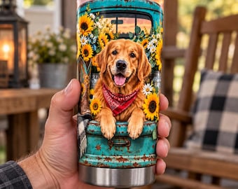 Golden Retriever Western and Sunflowers Tumbler Wrap PNG, 30 oz Straight Sublimation Design