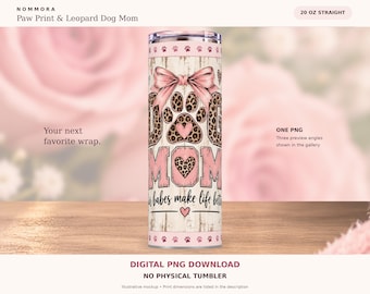 Paw Print Leopard Dog Mom Tumbler Wrap PNG, 20 oz Straight, Pink Bow Sublimation Design