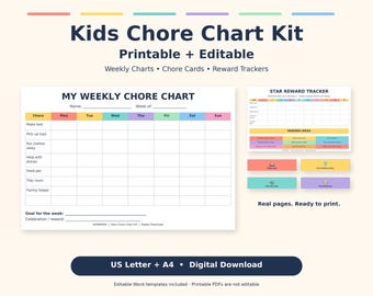 Kids Chore Chart Printable, Editable Weekly Chore Chart, 24 Chore Cards, Reward Tracker, Family Chores PDF + Word
