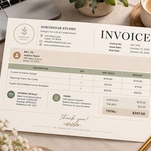May include: A printed invoice template from Northstar Studio featuring a beige and sage green color scheme. The document includes sections for billing details, itemized descriptions, payment information, and terms, with a thank you note at the bottom.