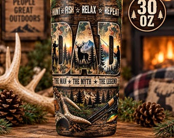 Hunt Fish Relax Repeat Dad Tumbler Wrap PNG, 30 oz Straight Sublimation Design, Father's Day Digital Download