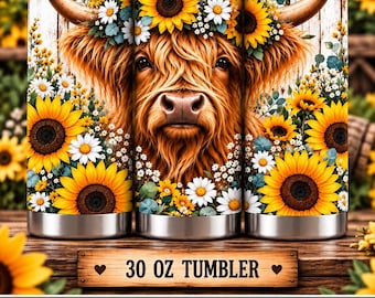 Sunflower Highland Cow Tumbler Wrap PNG, 30 oz Straight Sublimation Design