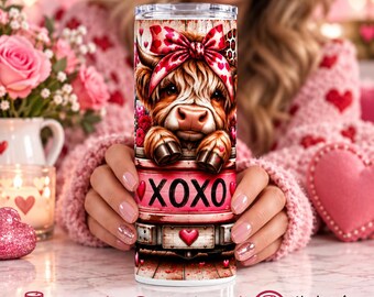 Valentine Highland Cow Truck Wraps Tumbler Wrap PNG, 20 oz Straight Sublimation Design, Digital Download