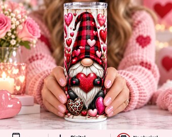 Valentine Gnome Tumbler Wrap PNG, 20 oz Straight Sublimation Design, Digital Download