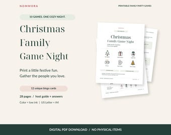 Christmas Family Game Night Kit, 10 Printable Party Games, Bingo and Charades, PDF