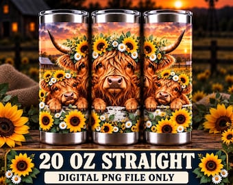Highland Cow Family Sunset Tumbler Wrap PNG, 20 oz Straight Sublimation Design