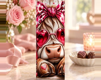 Valentine Highland Cow 2 Tumbler Wrap PNG, 30 oz Straight Sublimation Design, Digital Download