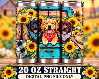 Three Labradors Western and Sunflowers Tumbler Wrap PNG, 20 oz Straight Sublimation Design