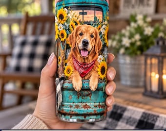 Golden Retriever Western and Sunflowers Tumbler Wrap PNG, 20 oz Straight Sublimation Design
