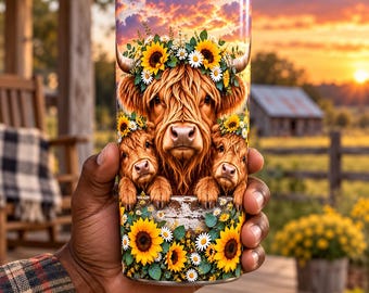 Highland Cow Family Sunset Tumbler Wrap PNG, 30 oz Straight Sublimation Design