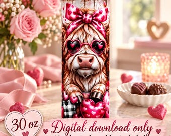 Valentine Highland Cow 3 Tumbler Wrap PNG, 30 oz Straight Sublimation Design, Digital Download