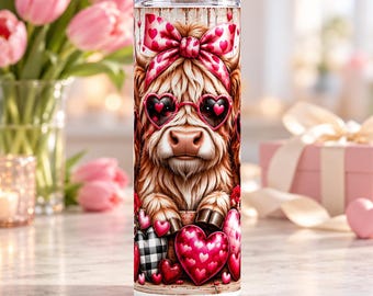 Valentine Highland Cow 3 Tumbler Wrap PNG, 20 oz Straight Sublimation Design, Digital Download