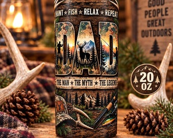 Hunt Fish Relax Repeat Dad Tumbler Wrap PNG, 20 oz Straight Sublimation Design, Father's Day Digital Download