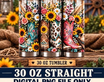 Western Cowgirl Boots and Wildflowers Tumbler Wrap PNG, 30 oz Straight Sublimation Design