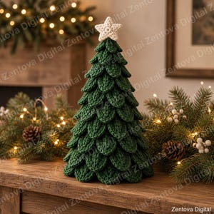 May include: A conical Christmas tree decoration made of dark green yarn with a layered, textured leaf-like pattern. The tree is topped with a small, cream-colored crocheted star. The structure is dense and features a repeating stitch design.