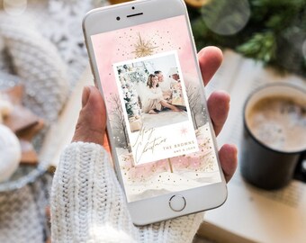 Holiday Photo Card Template Custom Pink Christmas Card Editable Add Your Own Photo Personalized Pink 5x7 Phone Digital Card