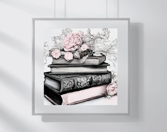 Pink Book Wall Art, Books and Roses Art Print Printable, Library Decor, Goth Book Wall Art Decor, Book Wall Art PNG Instant Download