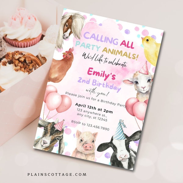 Editable Farm Animals Birthday Invitation Farm Girl Barnyard Pink Birthday Calling All Party Animals Custom Download Template Printable