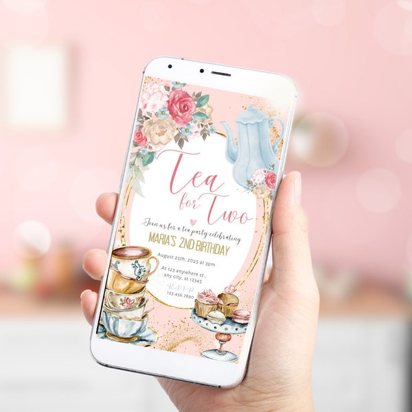 EVITE Editable Tea for Two Birthday Invitation Girl Tea Party Invite Pink Floral Whimsical Digital Download Phone Evite Electronic