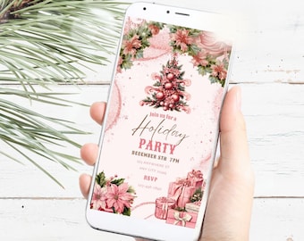 Editable Pink Christmas Evite Christmas Dinner Party Vintage Holiday Party Mobile Phone Invite Pink Christmas Electronic Phone Download