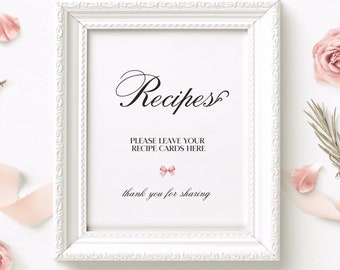 PINK Recipe Card Sign Leave Your Recipe Cards Here, Fancy Pink Bow Bridal Shower 8x10 SIGN Instant Download Printable