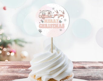 Pink Christmas Cupcake Toppers, Retro RV Camper Birthday Holiday Party Decorations Christmas Pink Stickers Tags Download Digital Printable